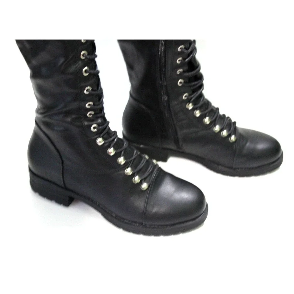 Black Thigh High Low Block Heel Boots Womens Size 7.5 Over the Knee Lace Up Tall